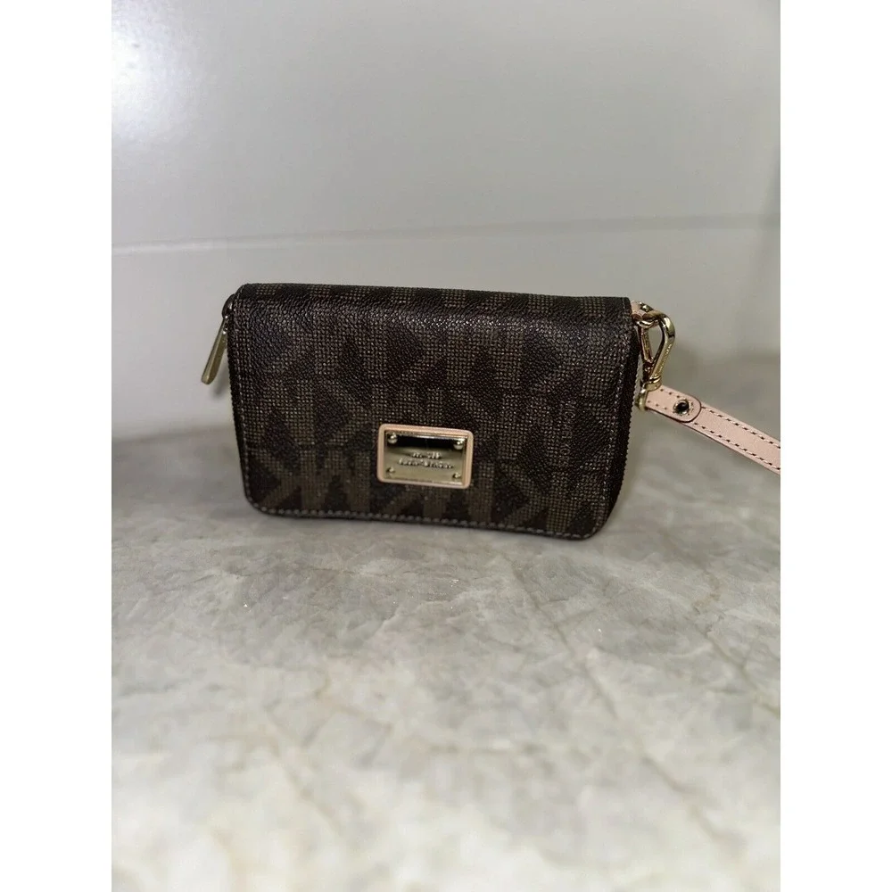 Michael Kors Patent Leather Wristlet Wallet Monogram Gold Black Zip Designer
